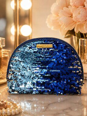 Y2K Disco Glam Blue & Gold Sequin Cosmetic Bag Isabella Scott Sydney NWOT